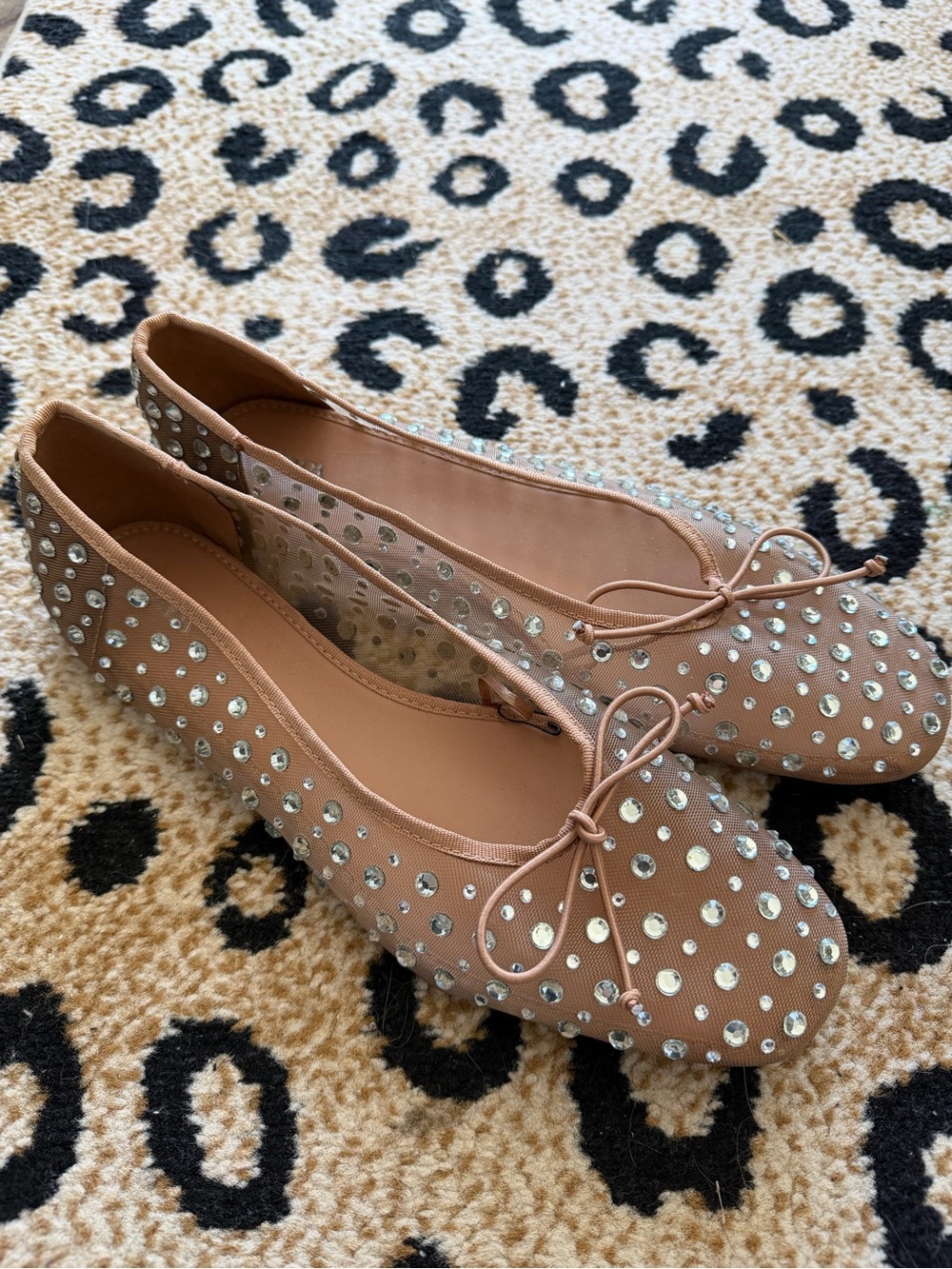 Zara Nude Mesh Rhinestone Ballet Flats with Bow
